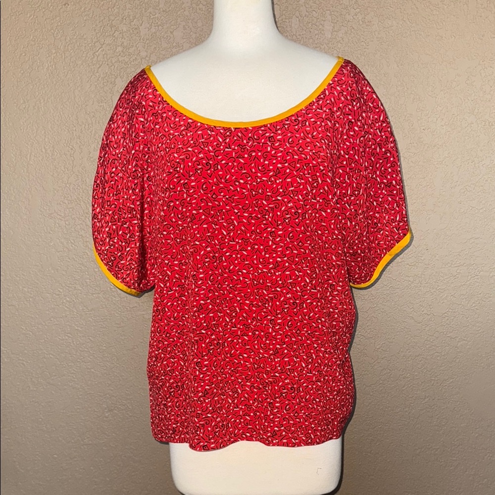 Oscar de la Renta Red and White Relaxed Short Sleeve Blouse